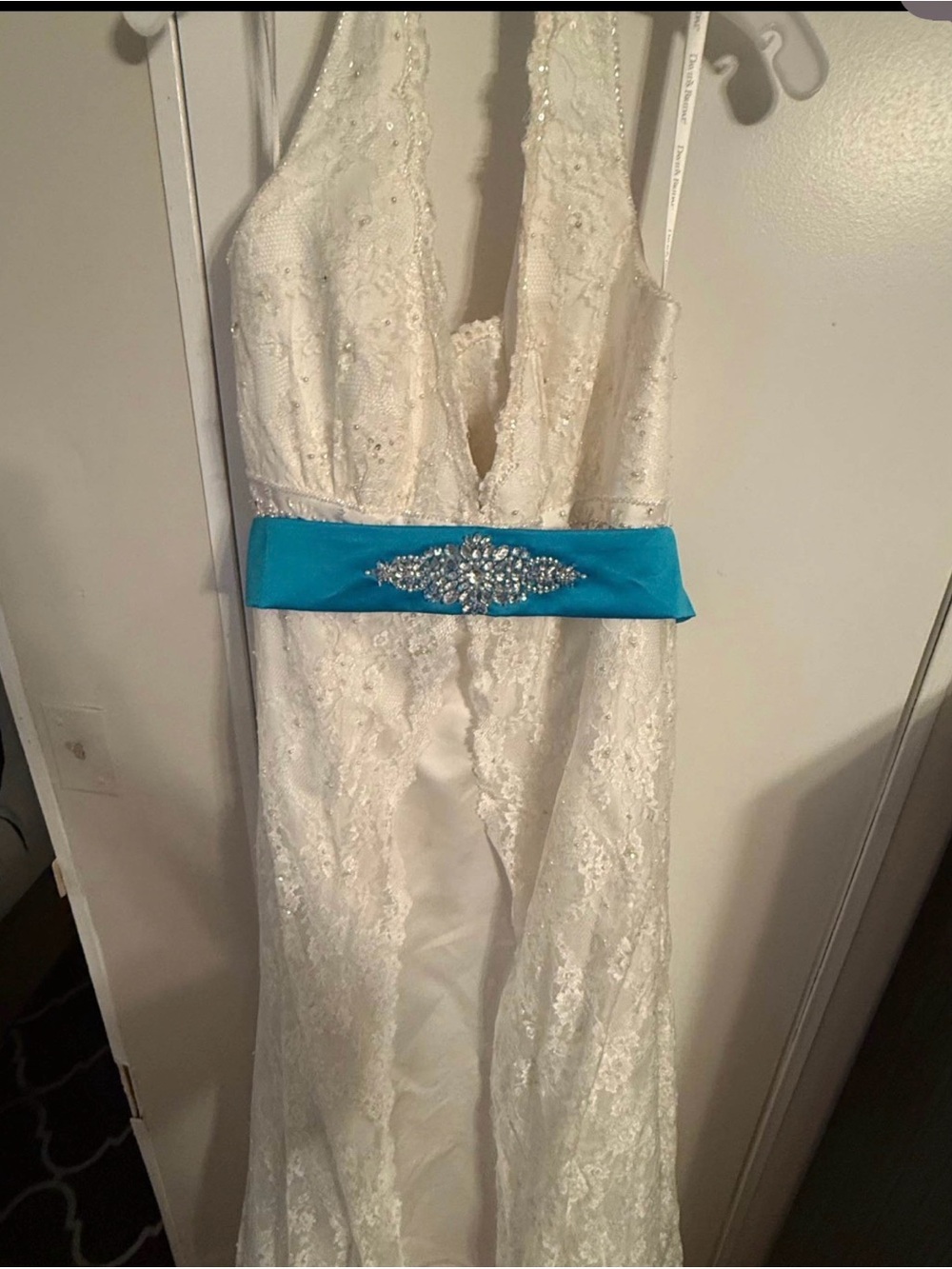 David's Bridal White Lace Halter Wedding Dress with Turquoise Belt